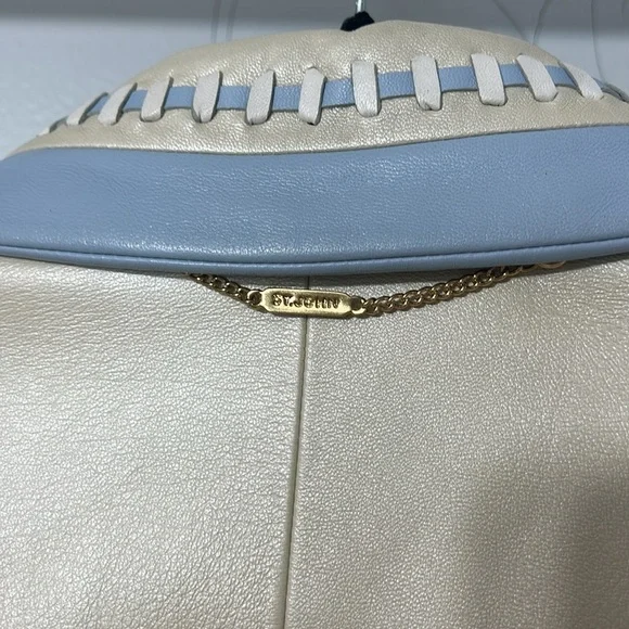 ST JOHN SPORT LEATHER PEARL &LIGHT BLUE JACKET LARGE - Picture 7 of 9